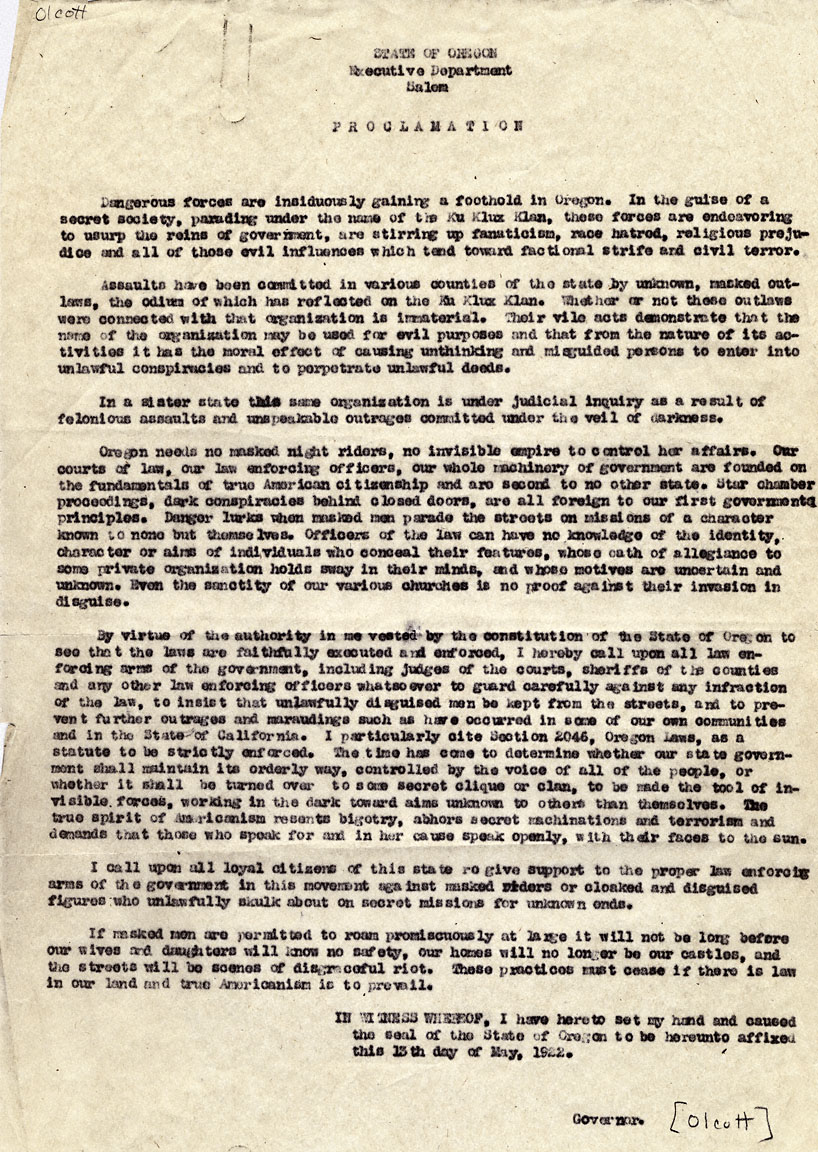  Preview of previous document: 6. Proclamation against the Ku Klux Klan, 1922