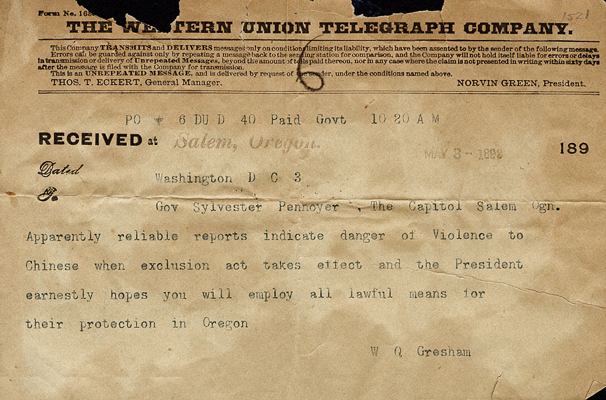 9. Telegram to Governor Pennoyer, 1893