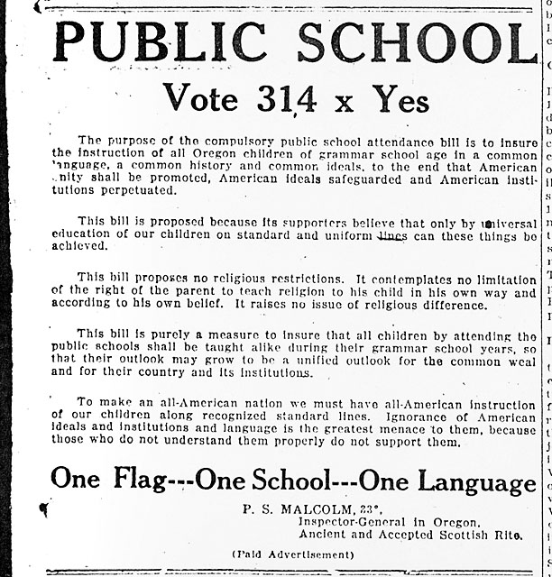 Preview of next document: 2. Advertisement in support of Oregon Compulsory Education Bill, 1922